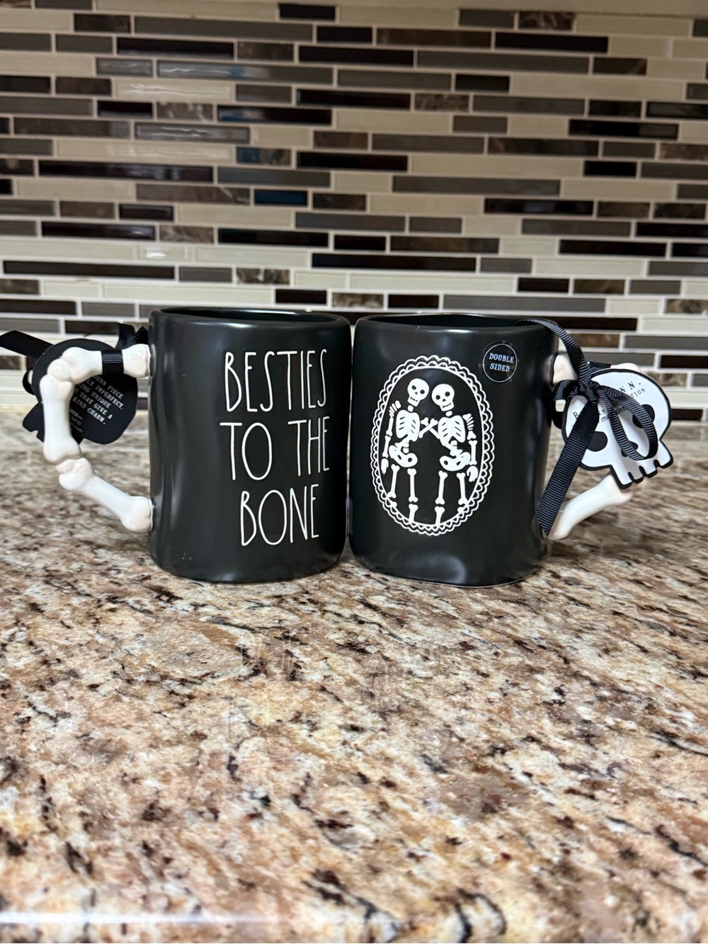 Rae Dunn Black Skeleton Handle Two-sided Mug - Besties Theme